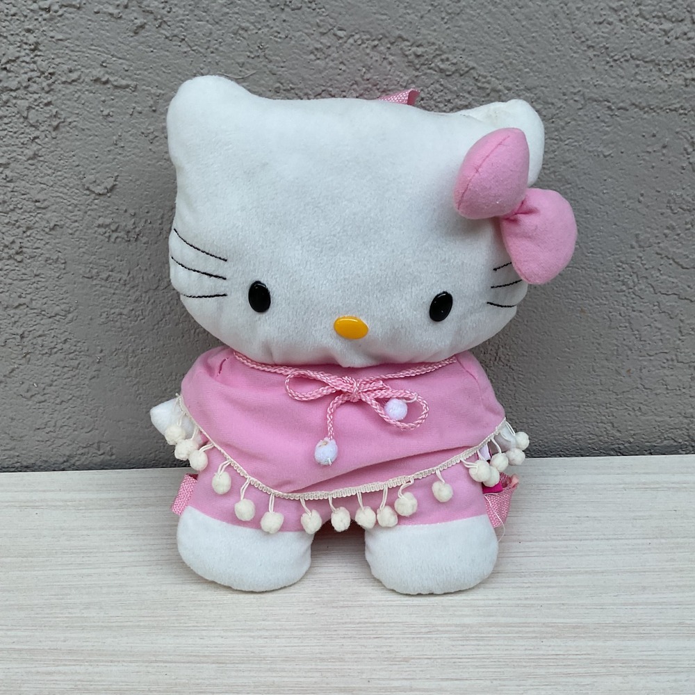 Sanrio Hello Kitty Plush Backpack Pink Poncho Pom Pom Trim 2011 Y2K Bag 10in
